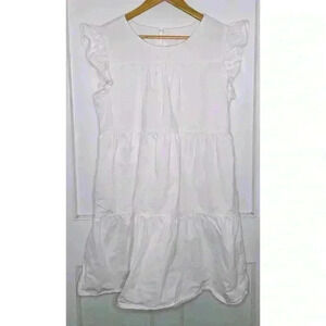 White  Cotton Tiered Dress with Ruffled Arms
